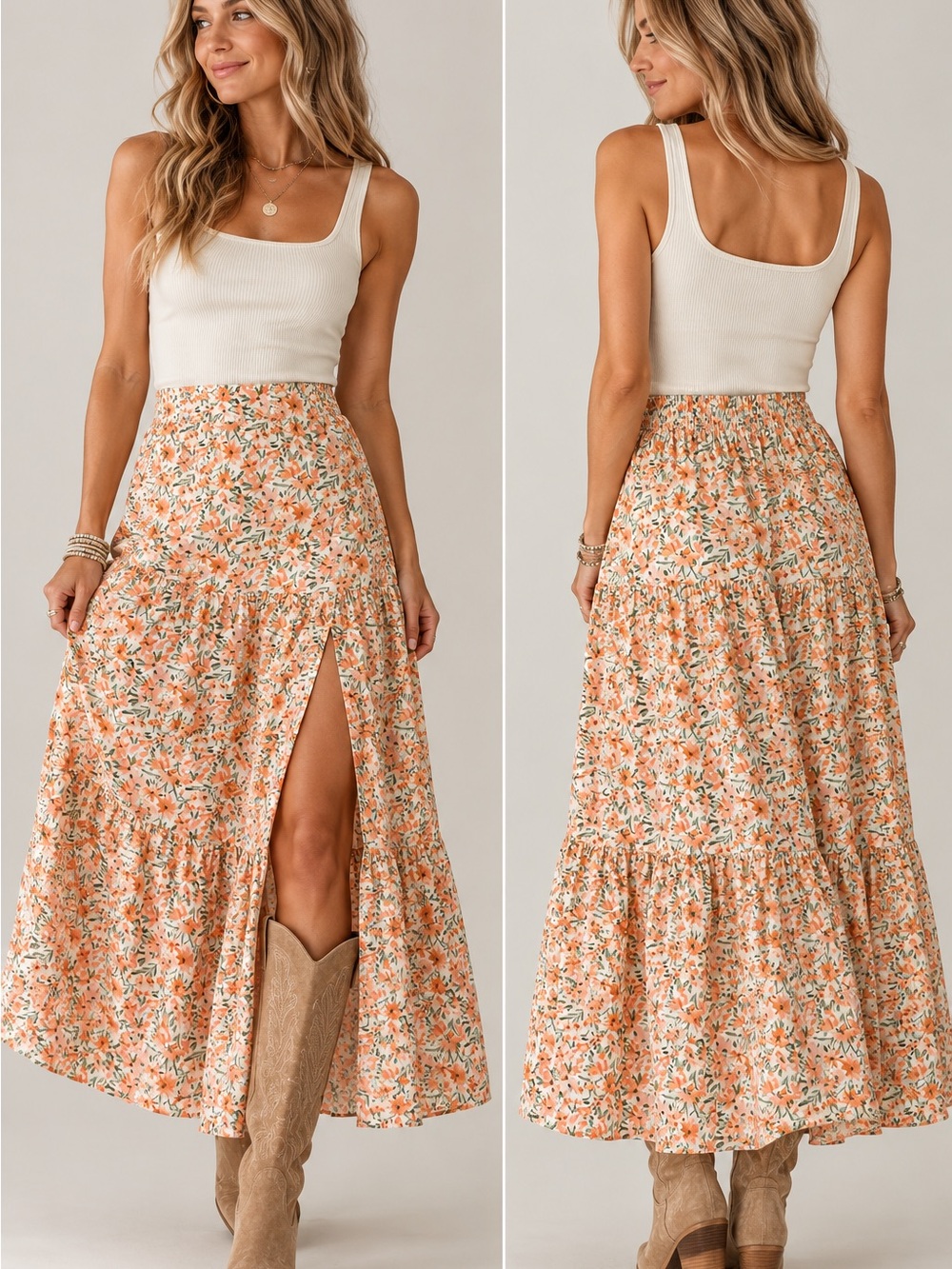 Floral Tiered Maxi Skirt in Peach